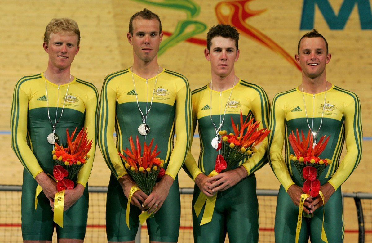 Stephen Wooldridge, second from left, with his Australian teammates after winning silver in the 2006 Commonwealth Games team pursuit
