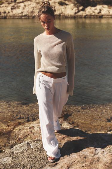 Linen Blend Wide-Leg Trousers With Buckles