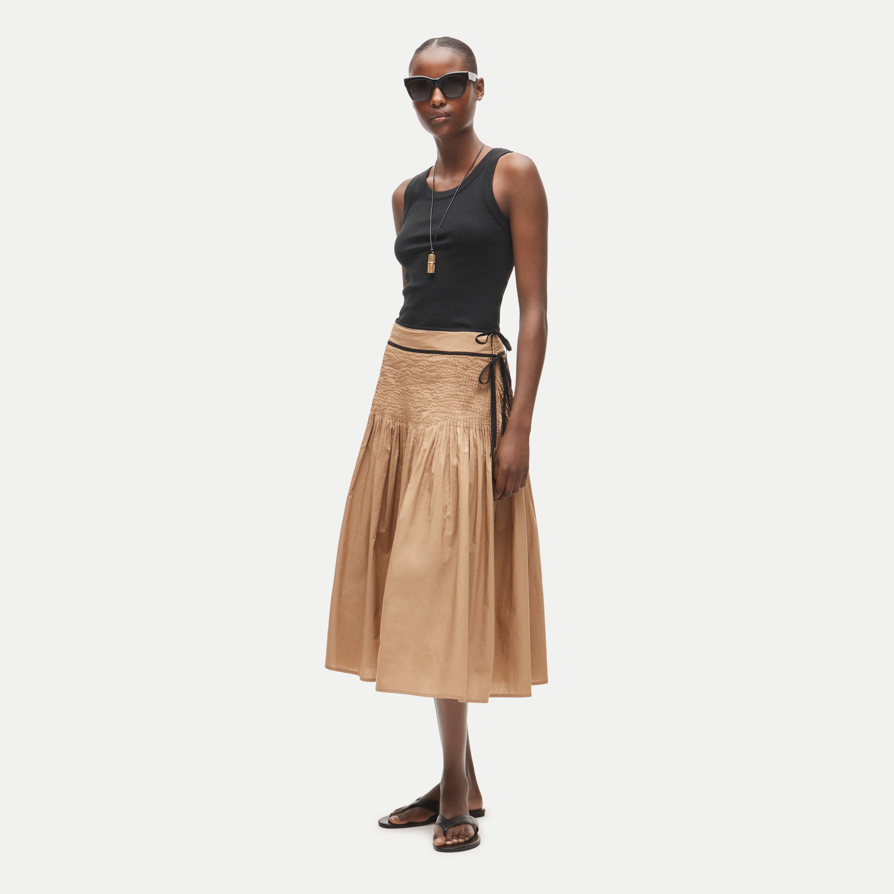 Faux Side-Tie Pleated Skirt in Cotton Poplin