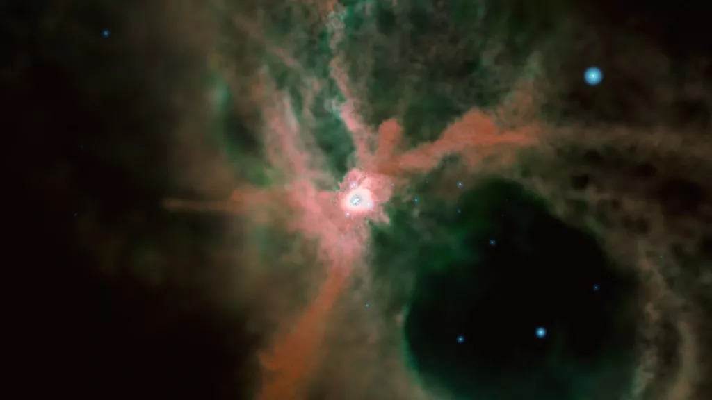 Gugus bintang yang disimulasikan sebagian tertanam dalam awan gas hidrogen.