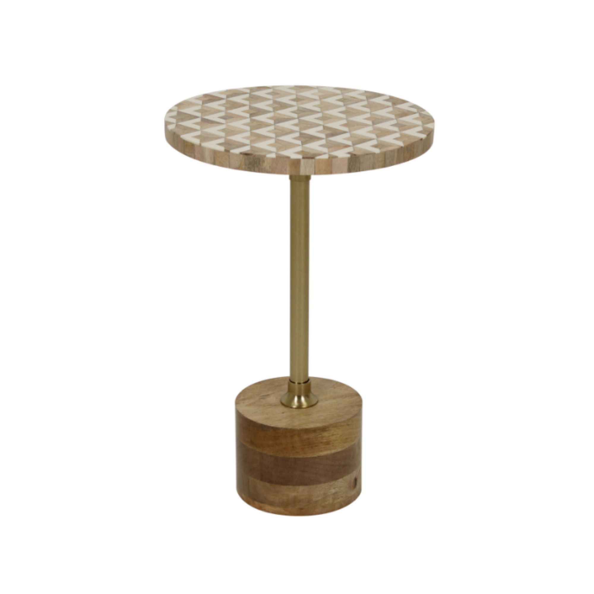Tall wood side table with mosaic bone inlay finish