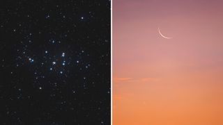 On the left, a star-filled view of the Beehive Cluster (Messier 44) with dozens of bright blue-white stars against a black sky. On the right, a thin crescent moon hangs in a pastel gradient sky at dawn or dusk, with shades of pink, purple, and orange