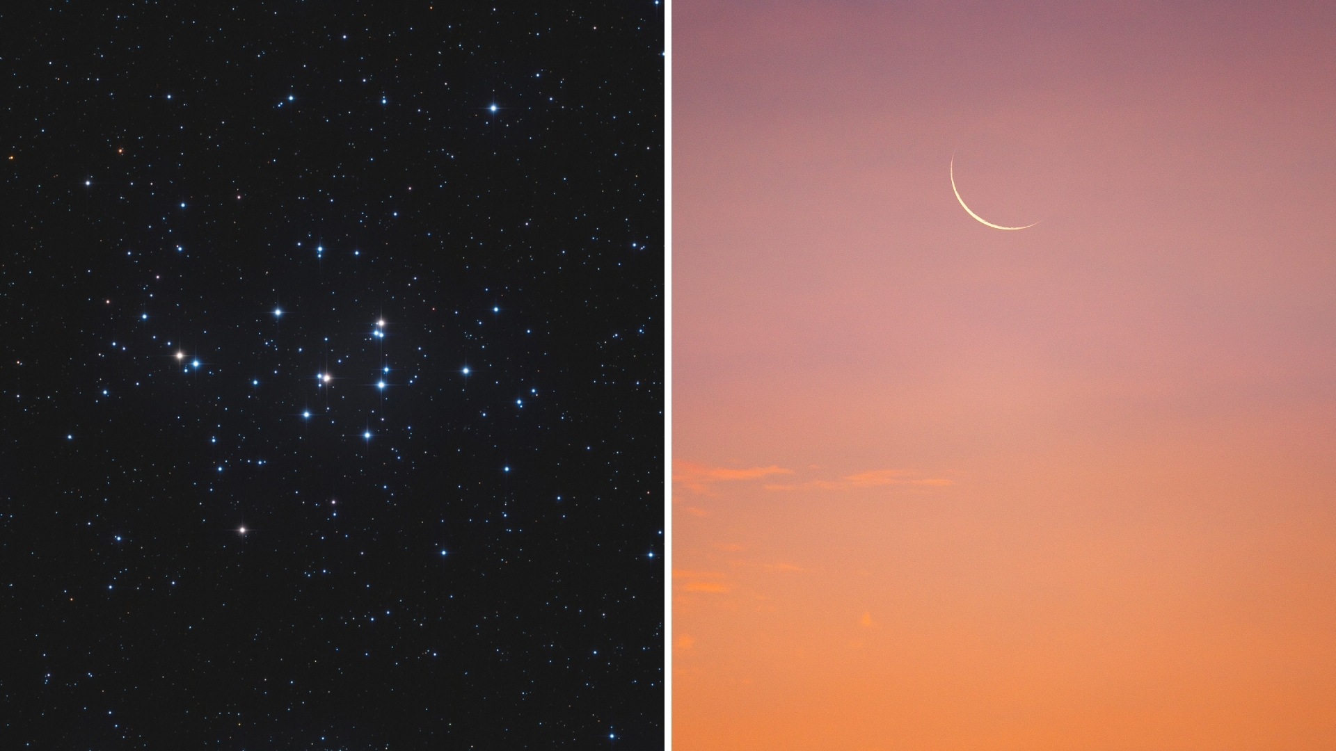 On the left, a star-filled view of the Beehive Cluster (Messier 44) with dozens of bright blue-white stars against a black sky. On the right, a thin crescent moon hangs in a pastel gradient sky at dawn or dusk, with shades of pink, purple, and orange
