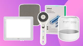The best Cricut accessories; a mix of crafting accessories on a pink background