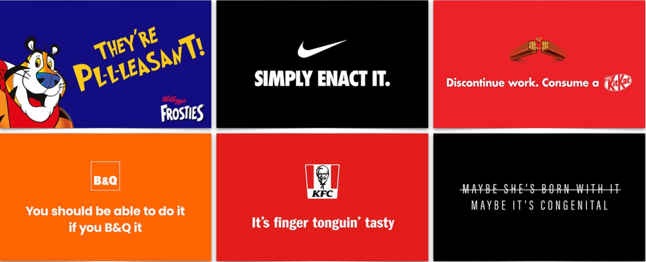 A series of billboards with altered brand slogans