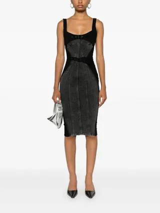 MUGLER, Denim Buckled Midi Dress