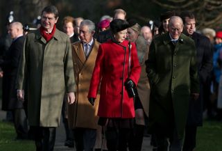 Timothy Laurence, Prince Charles, Prince of Wales, Princess Anne, Princess Royal, Autumn Phillips, Prince Philip, Duke of Edinburgh and Peter Phillips arrive at Sandringham estate