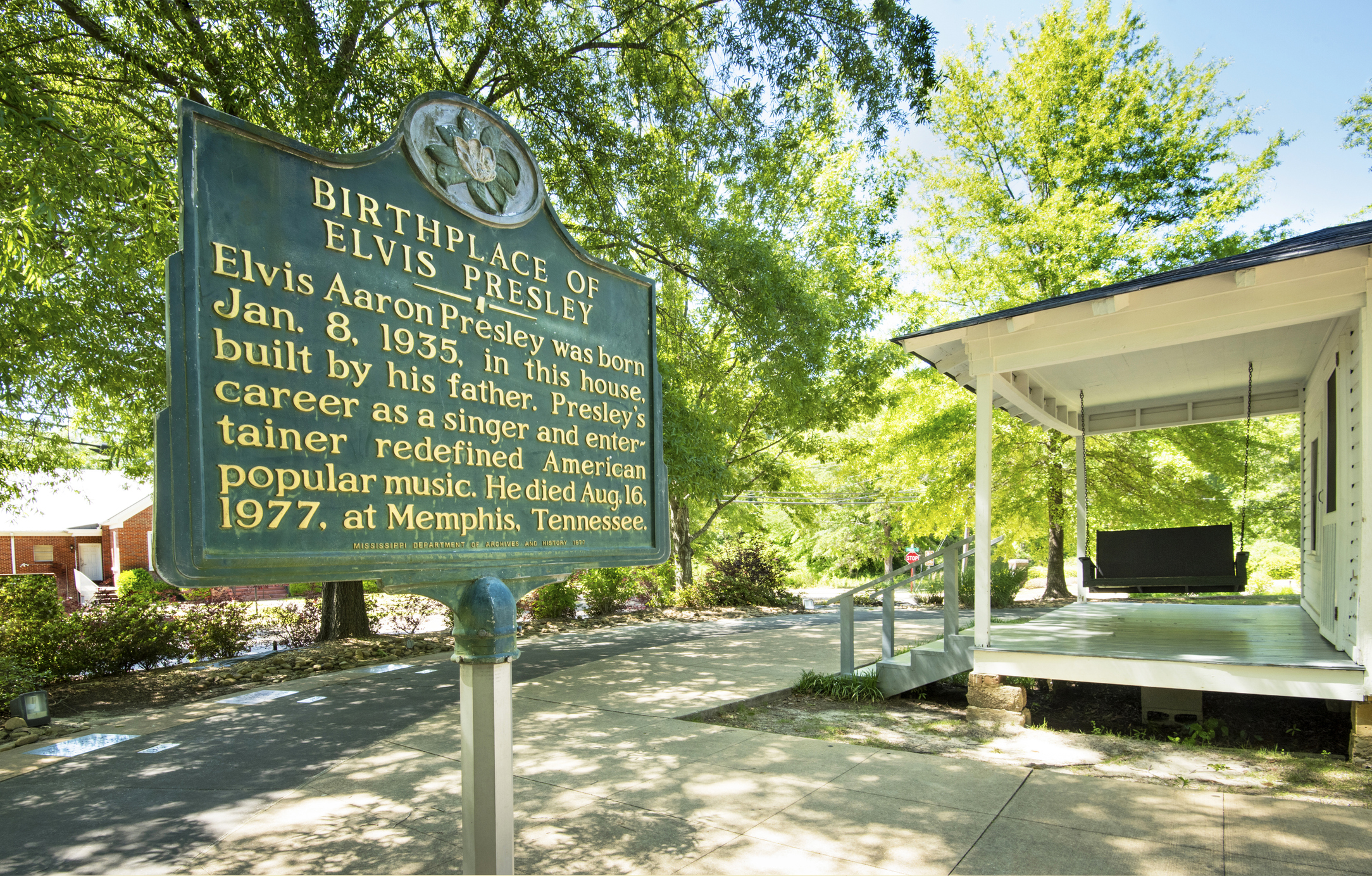 The birthplace of Elvis Presley is a two room house preserved in Tupelo, Mississippi.