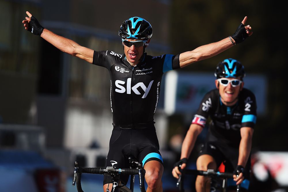 Richie Porte of Australia and Team SKY celebrates winning ahead of team mate Geriant Thomas of Great Britain on stage four of2015 Paris-Nice.