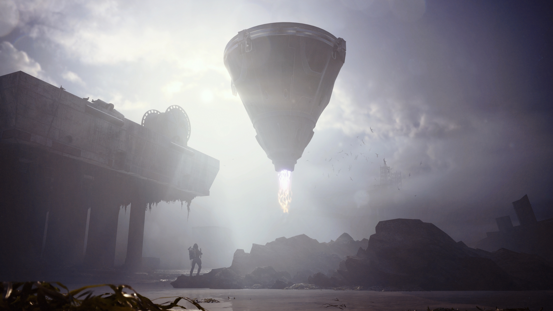Arc Raiders Arc Turbine hovering over gray beach