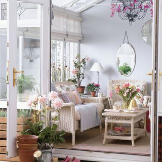 conservatory with grey wall and flower pot