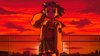 Shizuku pixel art of a school girl standing on a roof at sunset