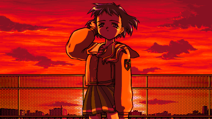 Shizuku pixel art of a school girl standing on a roof at sunset