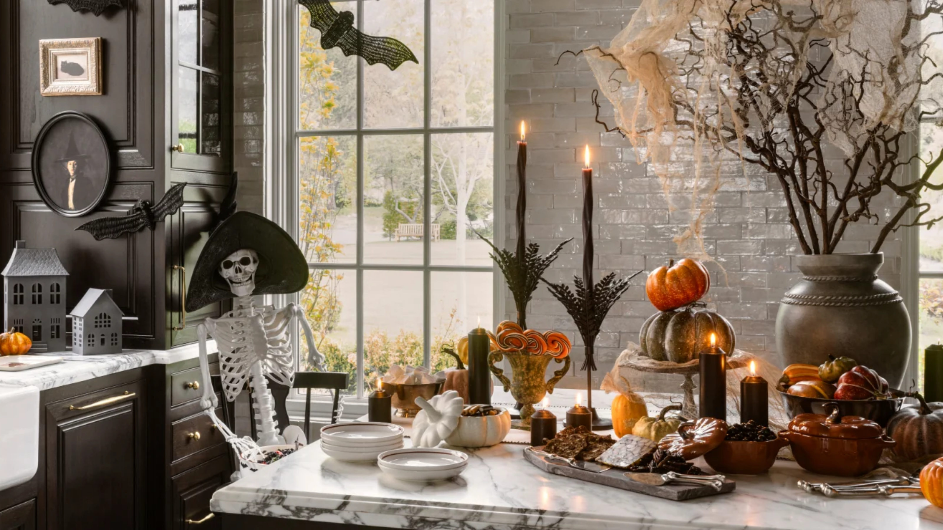 An assortment of Halloween decor in a kitchen 
