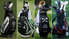 Four golf bags lined up next to each other