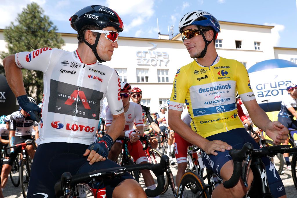 BUKOVINA RESORT POLAND AUGUST 12 LR Michal Kwiatkowski of Poland and Team INEOS Grenadiers White Sprint Jersey Joo Pedro Gonalves Almeida of Portugal and Team Deceuninck QuickStep Yellow Leader Jersey prior to the 78th Tour de Pologne 2021 Stage 4 a 160km stage from Azoty Group Tarnw to Bukovina Resort 924m TourdePologne TDP2021 UCIWT on August 12 2021 in Bukovina Resort Poland Photo by Bas CzerwinskiGetty Images