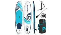 Portofino 10ft inflatable stand up paddle board, white with blue wave design, plus paddle board accessories