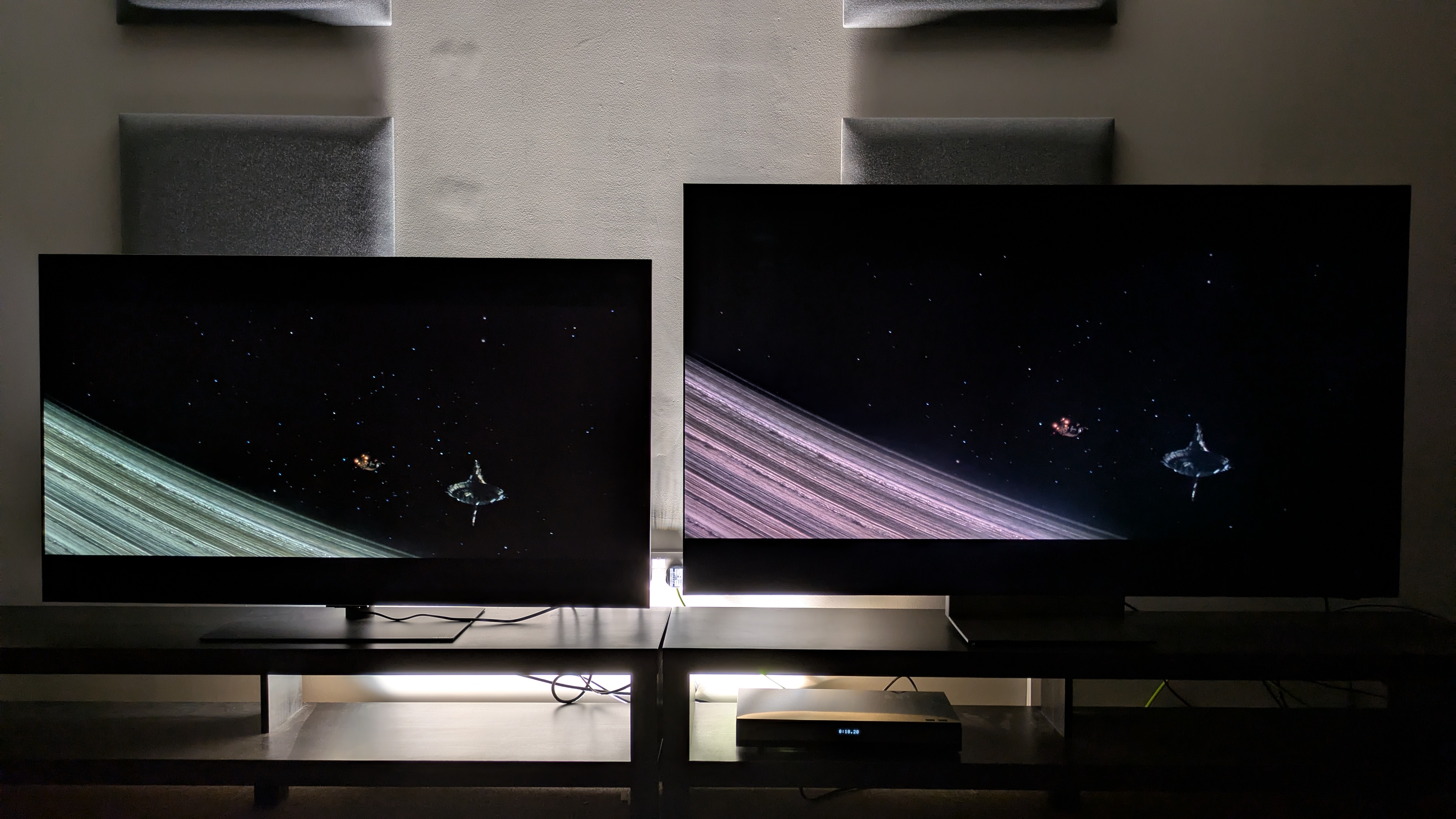LG G6 (left) vs Samsung R95H (right) showing a shot of space from Alien: Romulus. Both TVs have deep black tones, with the R95H's being surprisingly effective