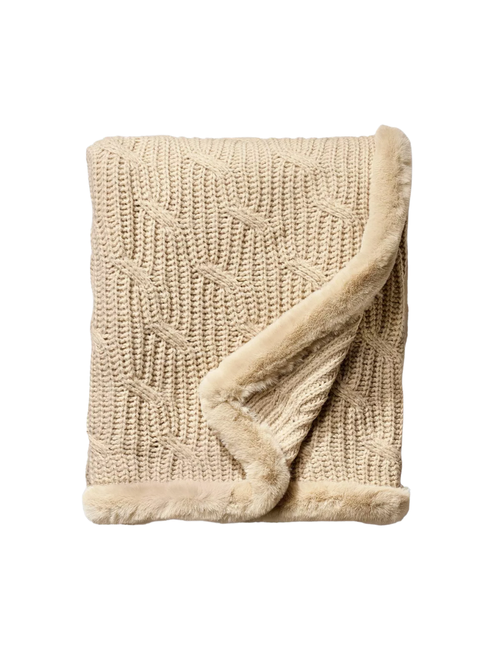 Tan Cable Throw Blanket With Faux Fur Trim