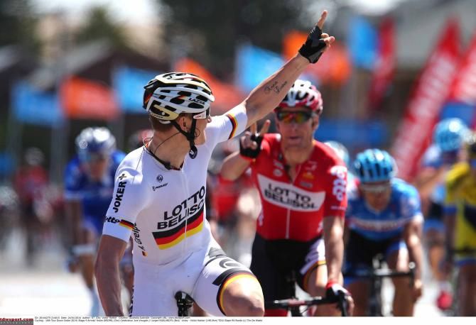 Andre Greipel turns to thank his Lotto Belisol teammate Jurgen Roelandts for the lead-out.
