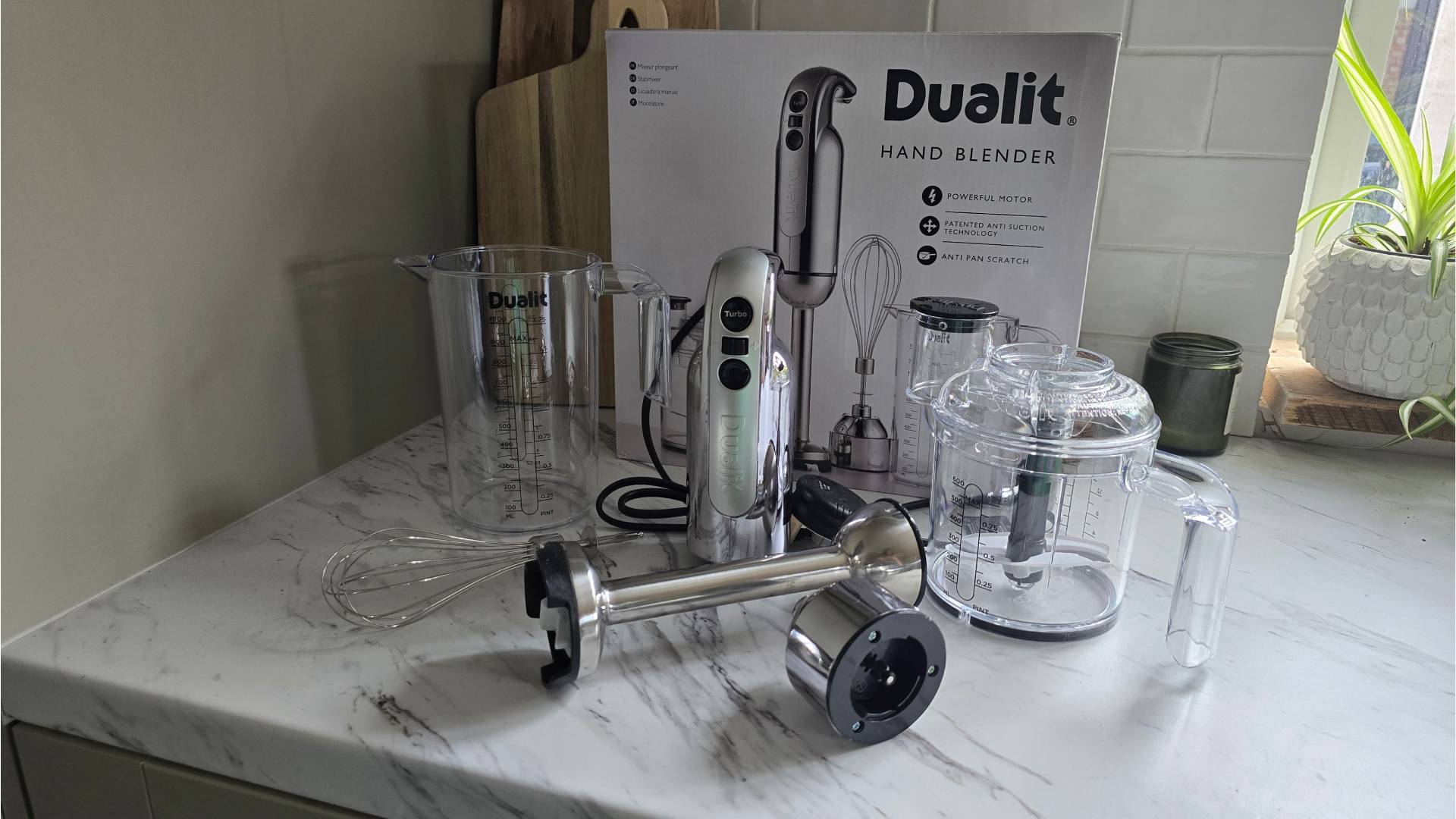 Dualit hand blender and accessories unboxed on worktop