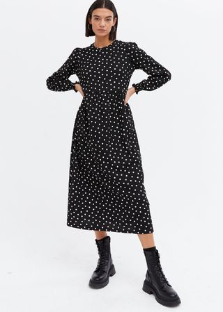 New Look Black Spot Long Sleeve Midi Dress - an example of a black dress suitable for a wedding