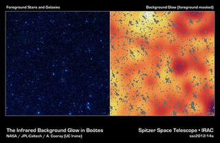 The left image shows a portion of our sky called the Boötes field in infrared light, while the image on the right shows a background infrared glow captured by NASA's Spitzer Space Telescope in the same region of sky.