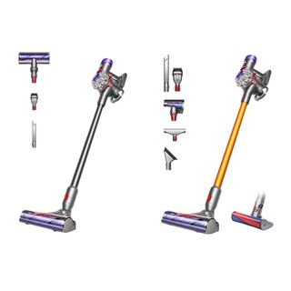 Dyson V8 and Dyson V8 Absolute cordless vacuum cleaner with attachments