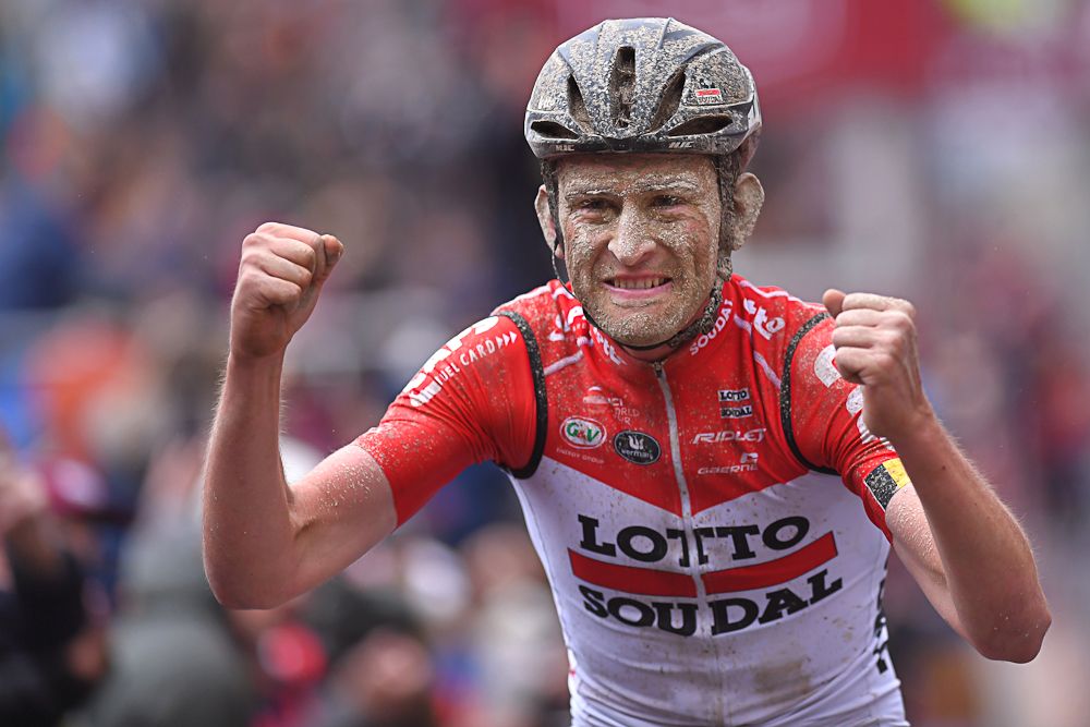 Tiesj Benoot celebrates his 2018 Strade Bianche win