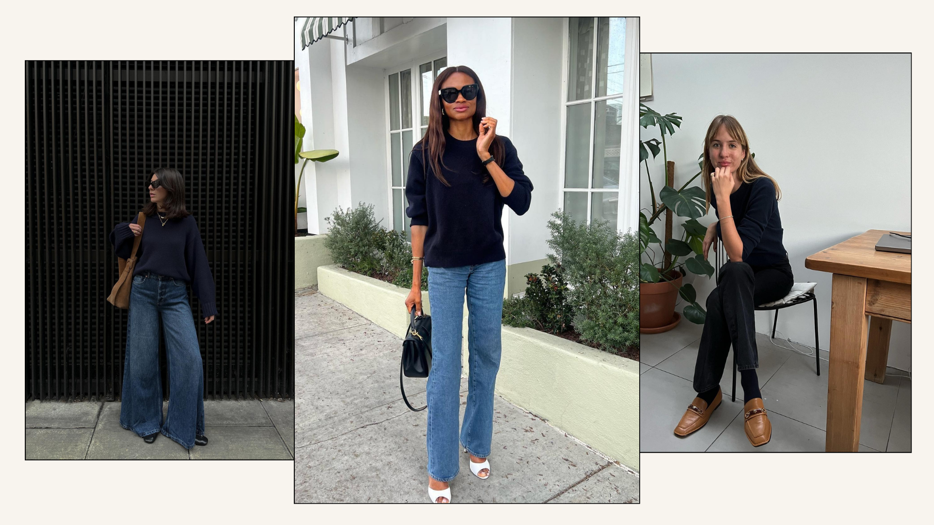 Influencers @francescasaffari, @lornasymphony, @lizzyhadfield wear navy jumpers with jeans and boots, sandals and loafers.