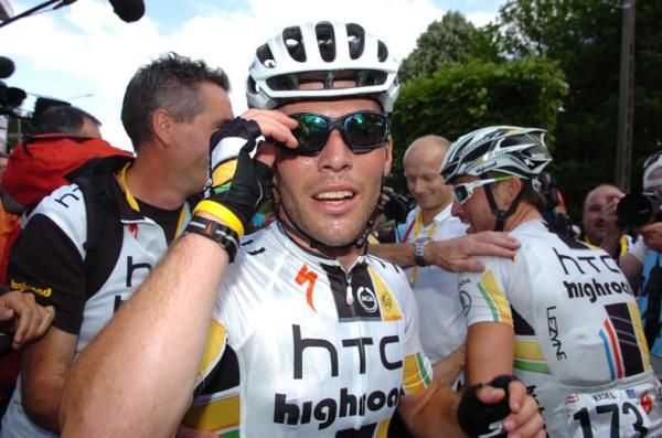 Mark Cavendish (HTC-Highroad) was mobbed on crossing the line.