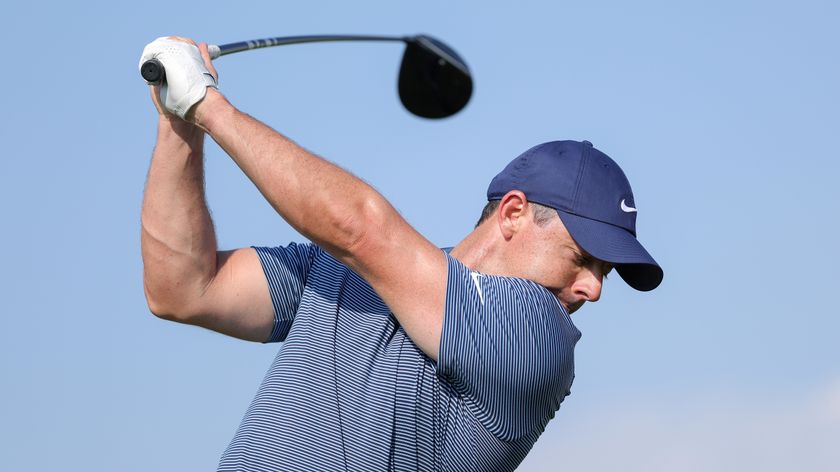 Rory McIlroy of Northern Ireland hits shots on the practice range prior to the Hero Dubai Desert Classic