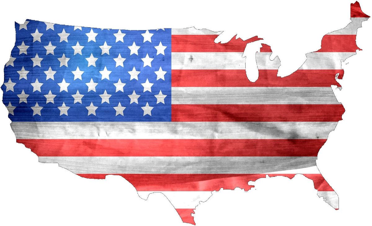 Outline of continental US is filled with weathered stars and stripes