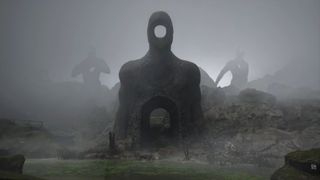 Hell Is Us trailer still - three large humanoid statues with giant holes where their faces should be