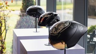 The 'Project Heid' campaign helmets at Endura HQ that highlights the injurys that can be caused by not wearing a helmet