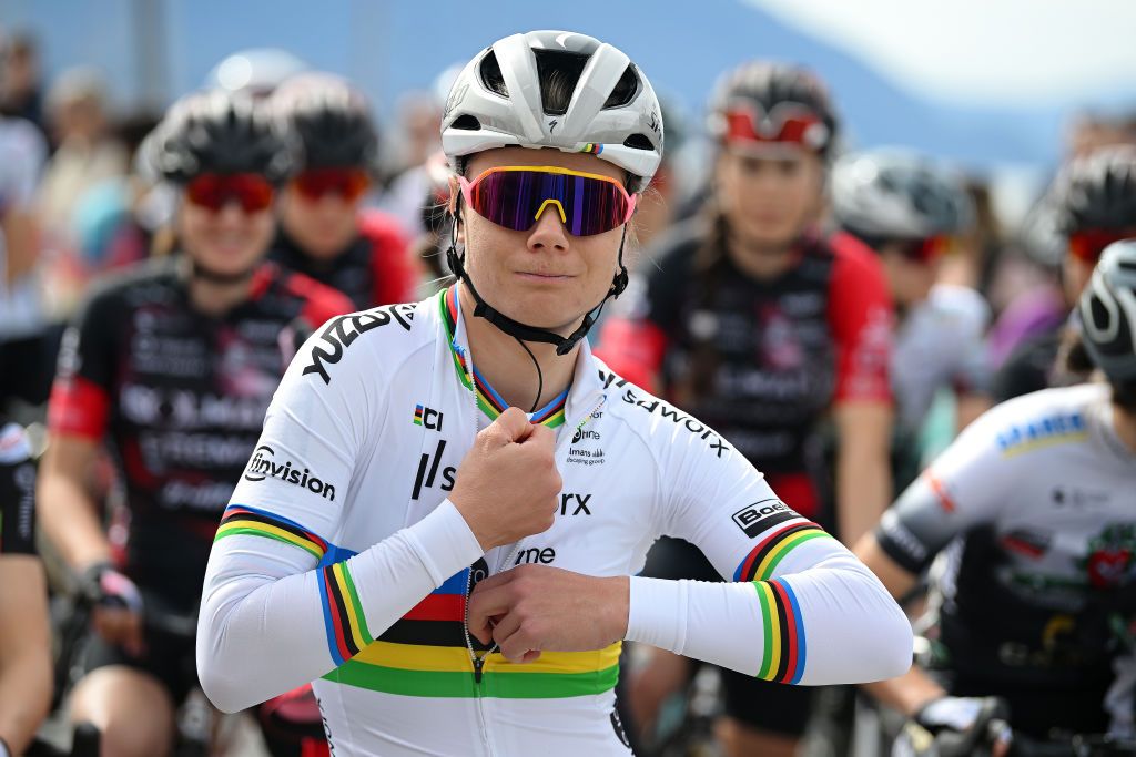 MACCAGNO CON PINO E VEDDASCA ITALY MARCH 17 Lotte Kopecky of Belgium and Team SD WorxProtime prior to the 25th Trofeo Alfredo BindaComune di Cittiglio 2024 Womens Elite a 1405km one day race from Maccagno con Pino e Veddasca to Cittiglio UCIWWT on March 17 2024 in Maccagno con Pino e Veddasca Italy Photo by Dario BelingheriGetty Images