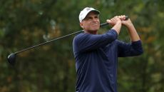 Rocco Mediate hits a tee shot on the fourth hole during the second round of the Simmons Bank Championship 2024 at Pleasant Valley Country Club on October 26, 2024 in Little Rock, Arkansas.