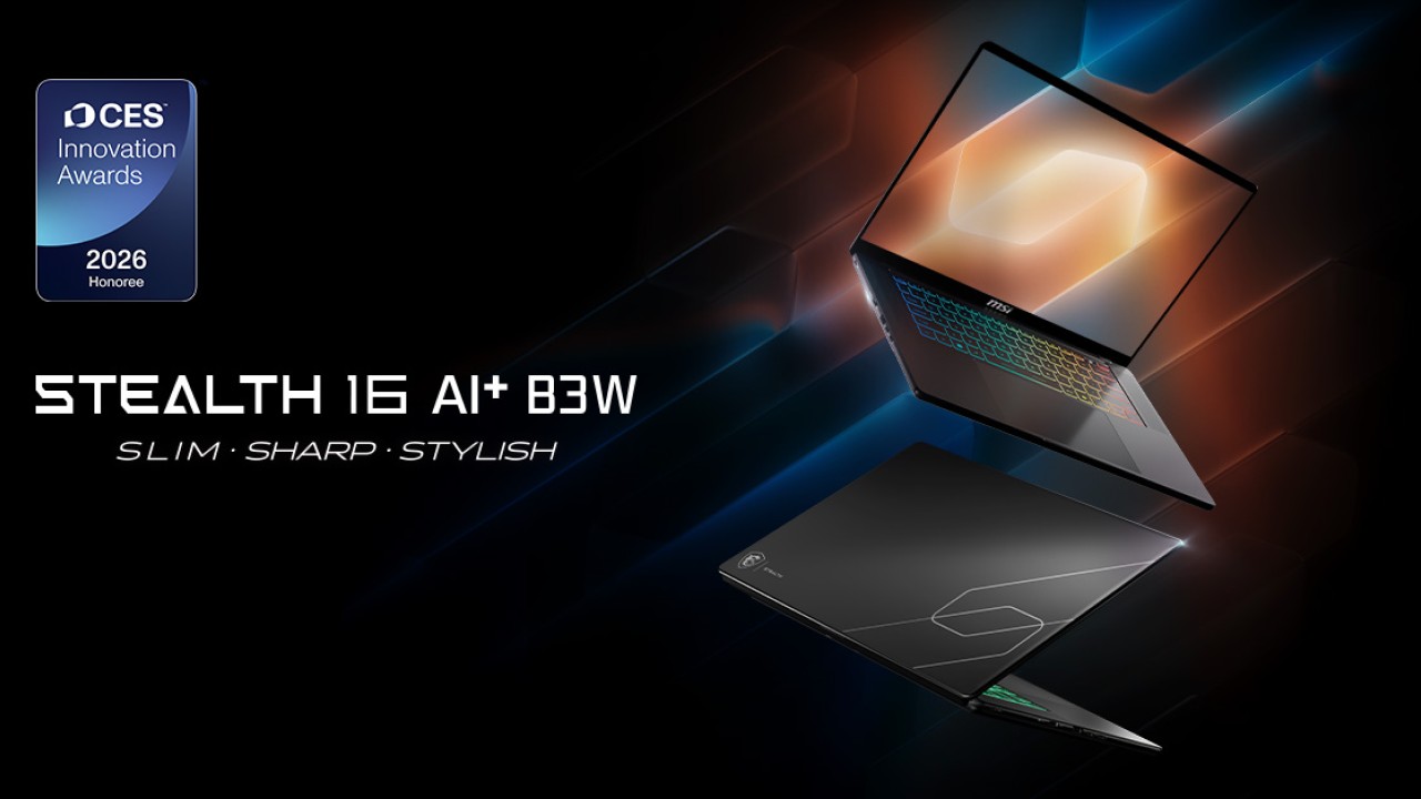 MSI Stealth 16 AI+ gaming laptop on a dark background with CES Innovation Awards badge