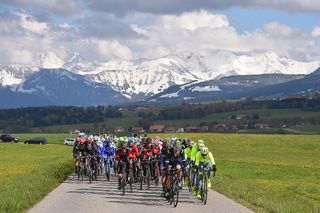 Snow-capped mountains provide the backdrop for the Romandie peloton.