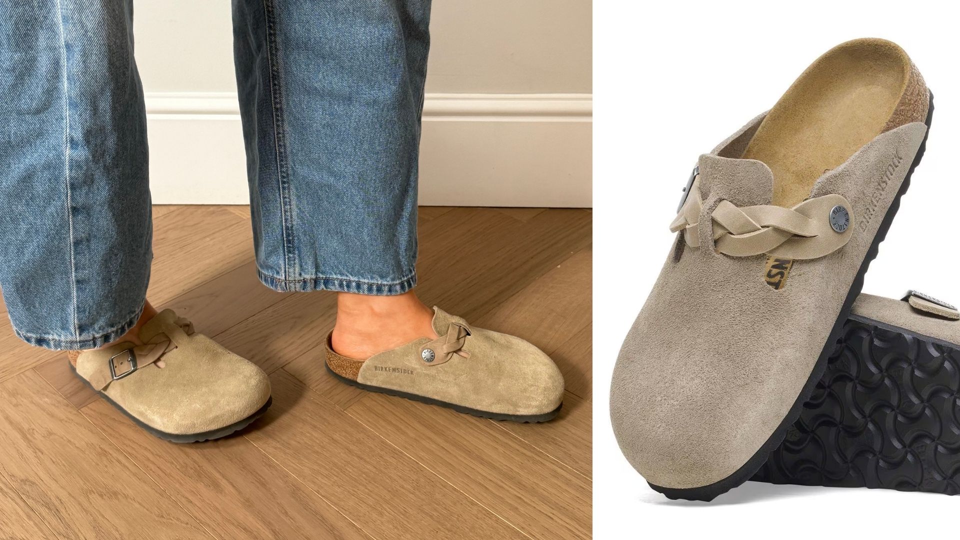 Caroline Parr wearing Birkenstock Boston clogs and a cut out of the clogs 