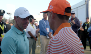 Rory McIlroy speaking to Rickie Fowler at the 2023 US Open