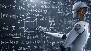 An AI android standing in front of a chalkboard covered in complex equations.