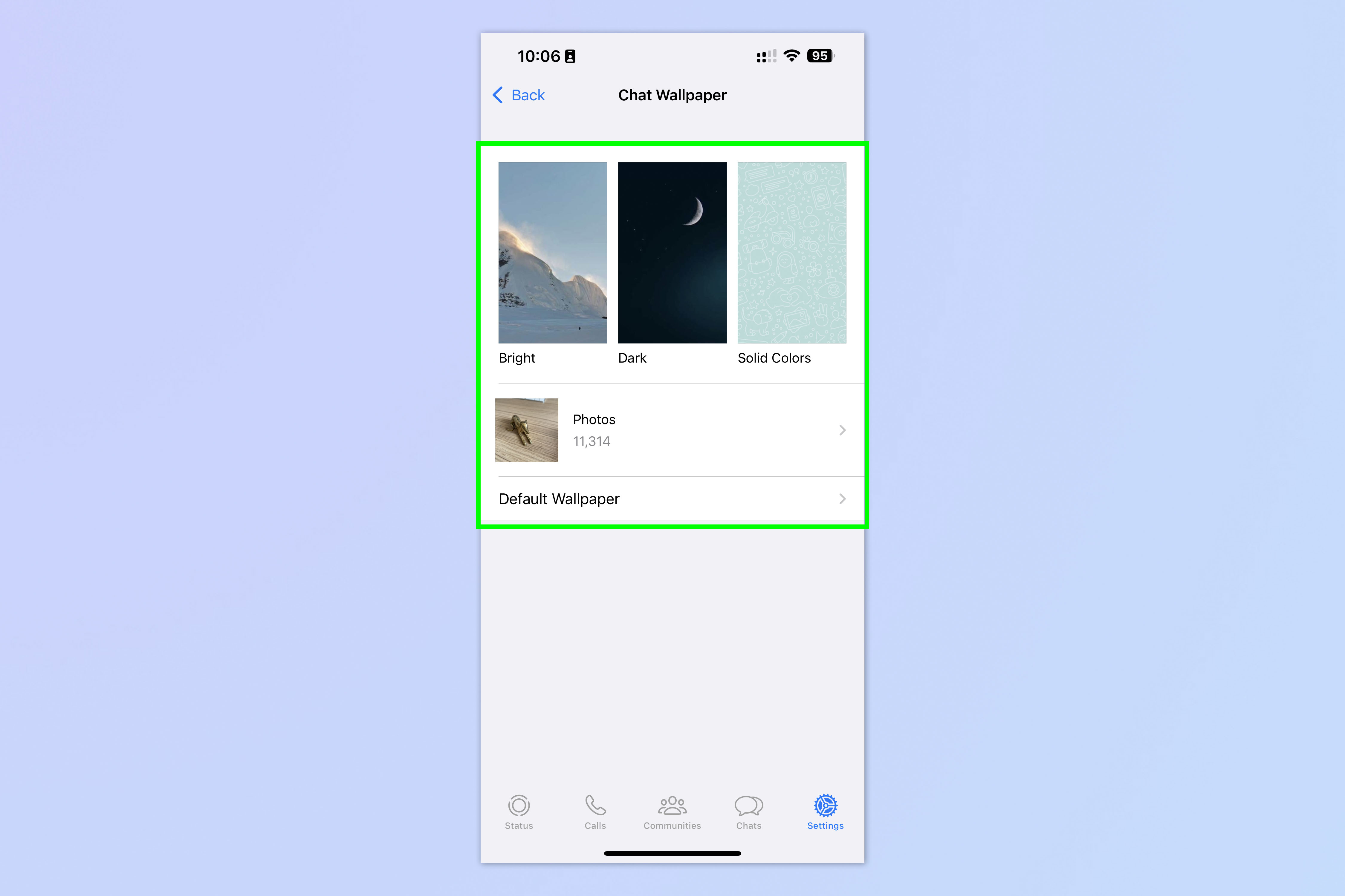 Screenshot showing how to change wallpaper on WhatsApp