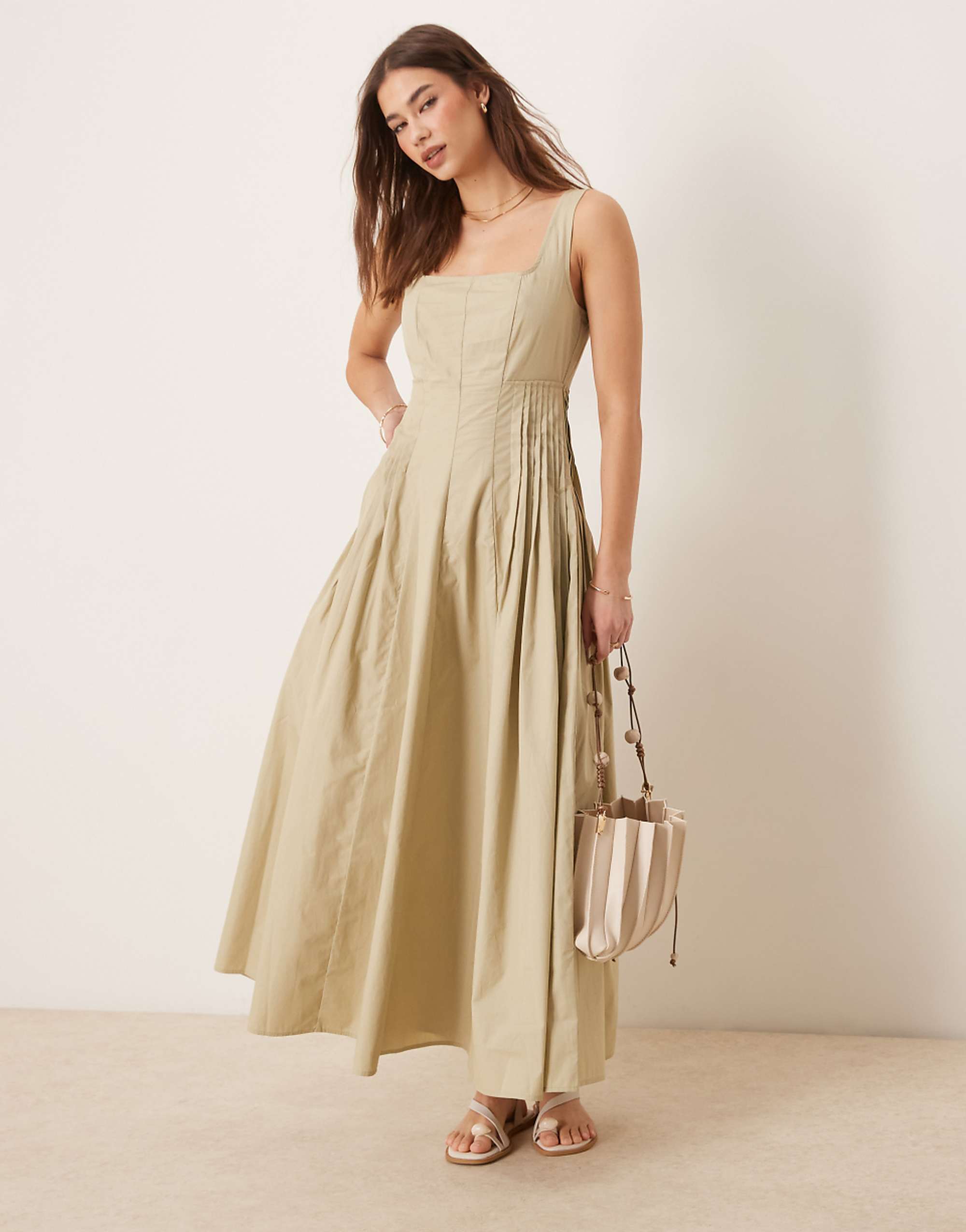 Asos Design Scoop Neck Pleat Waist Midi Dress in Putty