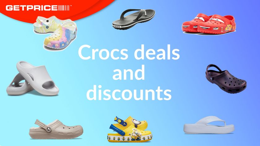 Blue and purple background with red GetPrice logo on top right corner and white writing in the middle that says 'Crocs deals and discounts' with scattered images of different styles of crocs