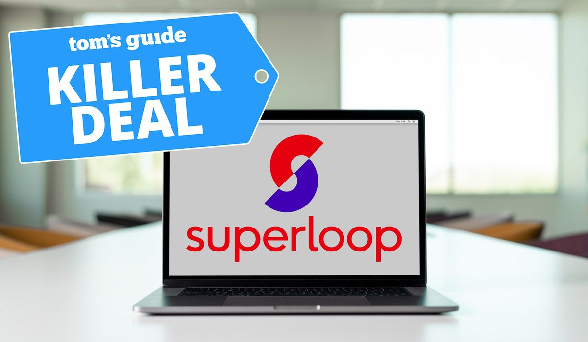 Superloop logo on a blank laptop screen with Tom&#039;s Guide deal image