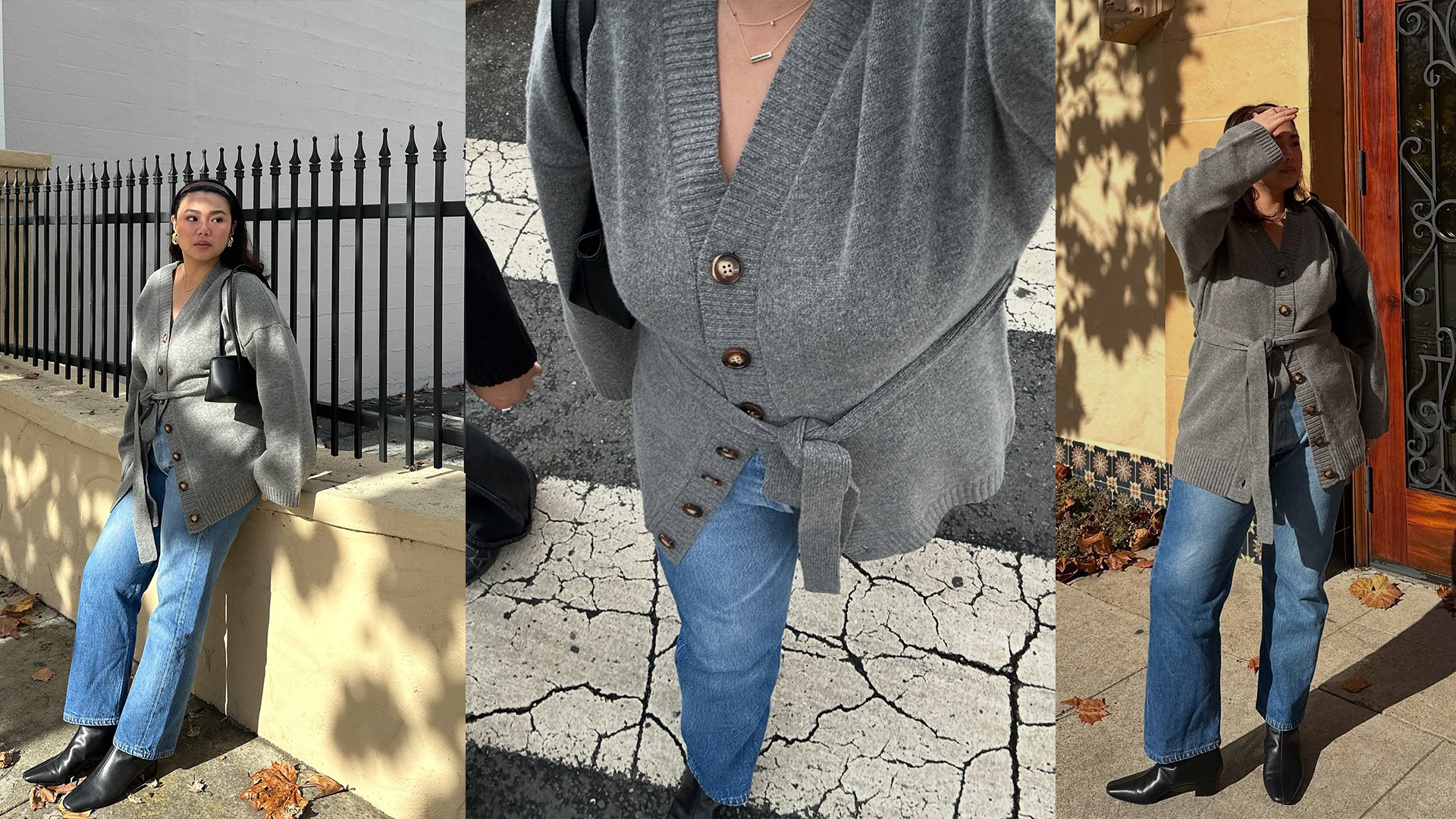 Marina wears blue jeans, gray sweater with belt, and black square toe boots and a black handbag while posing for the camera in her outfit. 