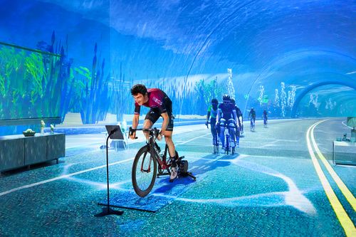 A cyclist competes in a virtual Zwift race online