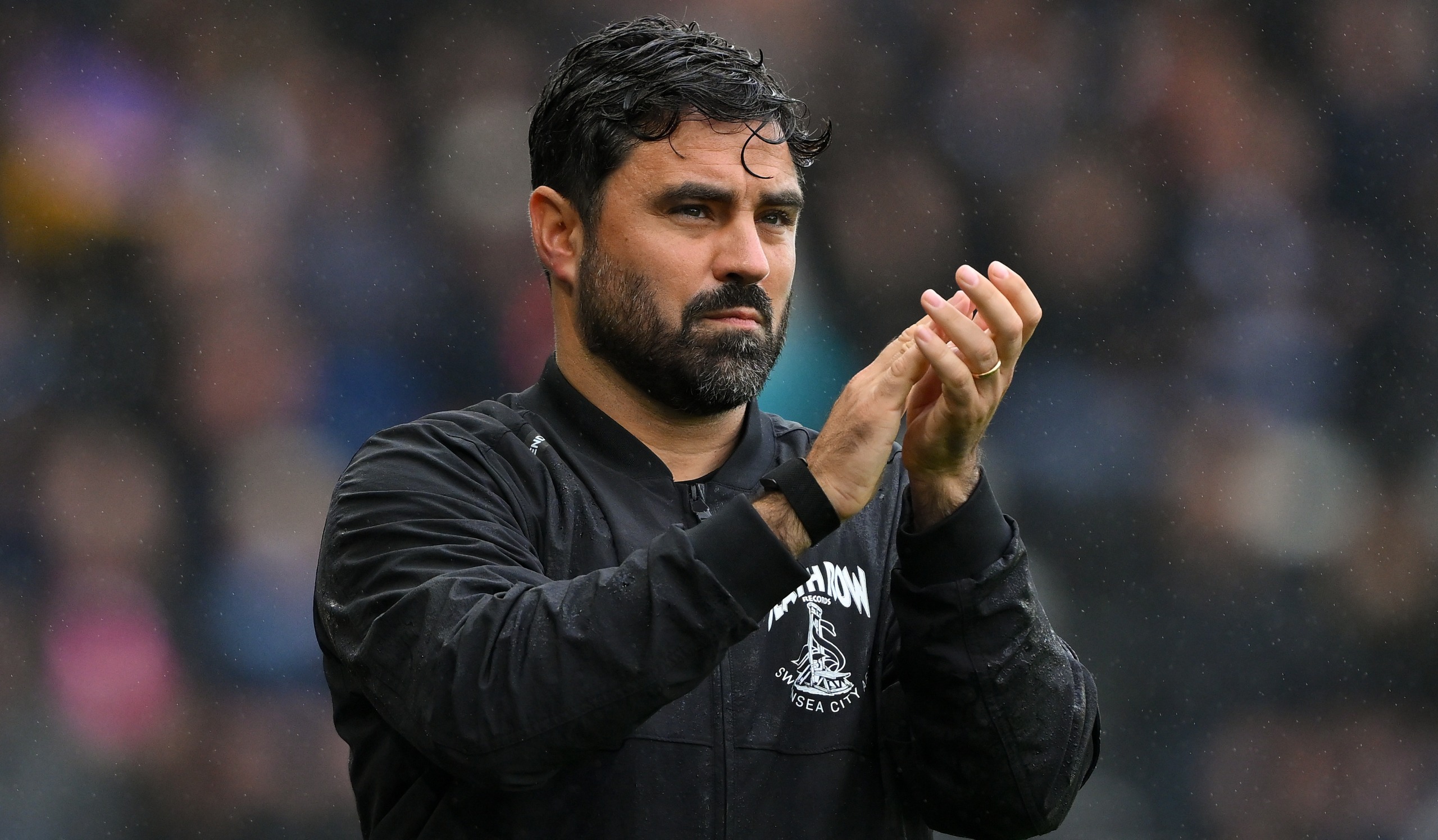 Vitor Matos, Swansea City manager, applauds his players during the Sky Bet Championship match between Derby County and Swansea City at Pride Park in Derby, on August 29, 2026