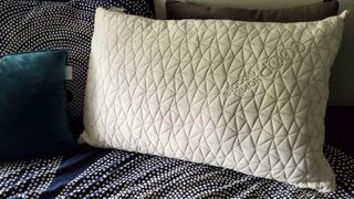 Coop Home Goods Original Pillow review: The pillow pictured on a multi-colored duvet cover